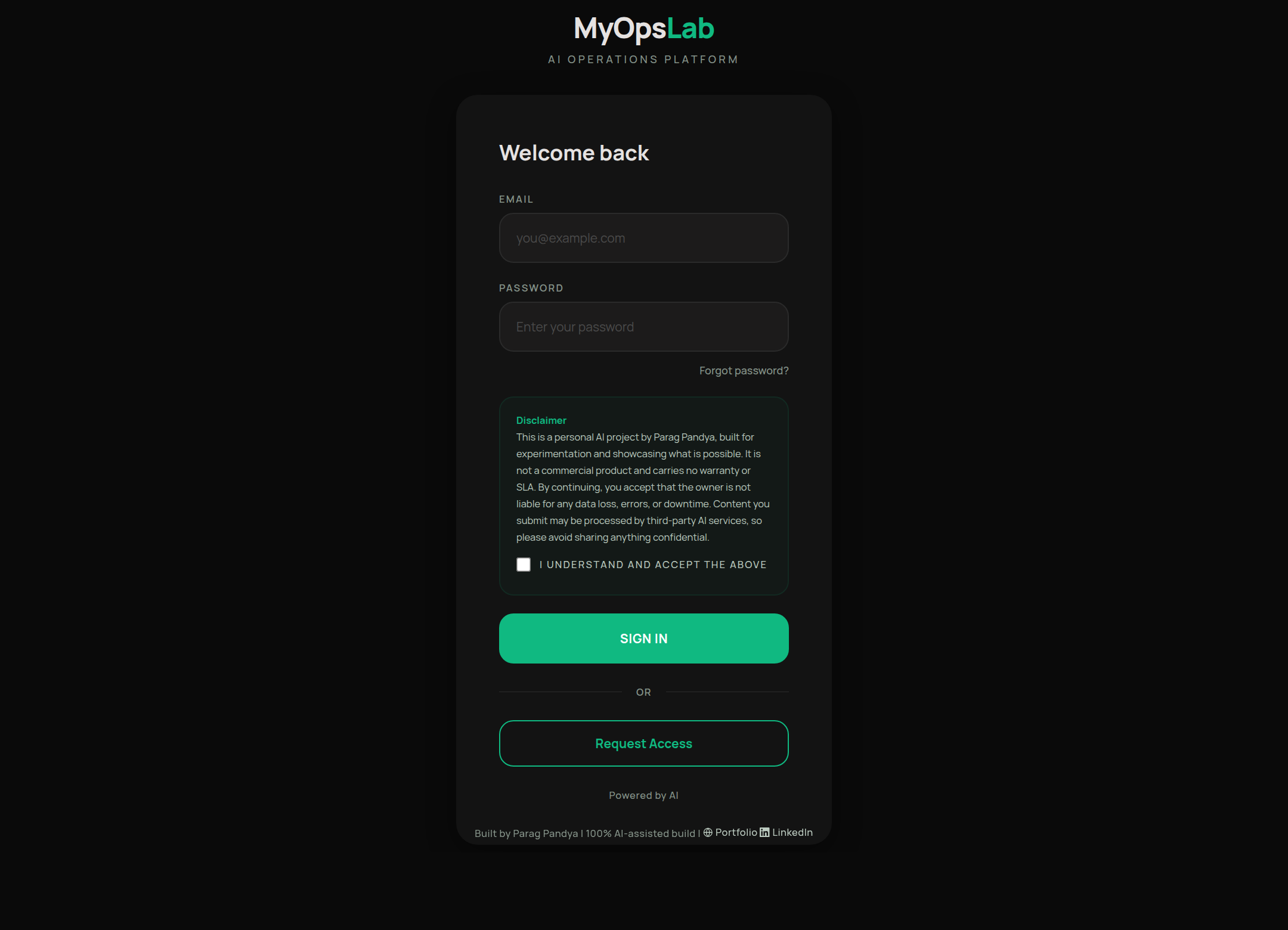 MyOpsLab sign-in screen, an AI operations platform for regulatory work